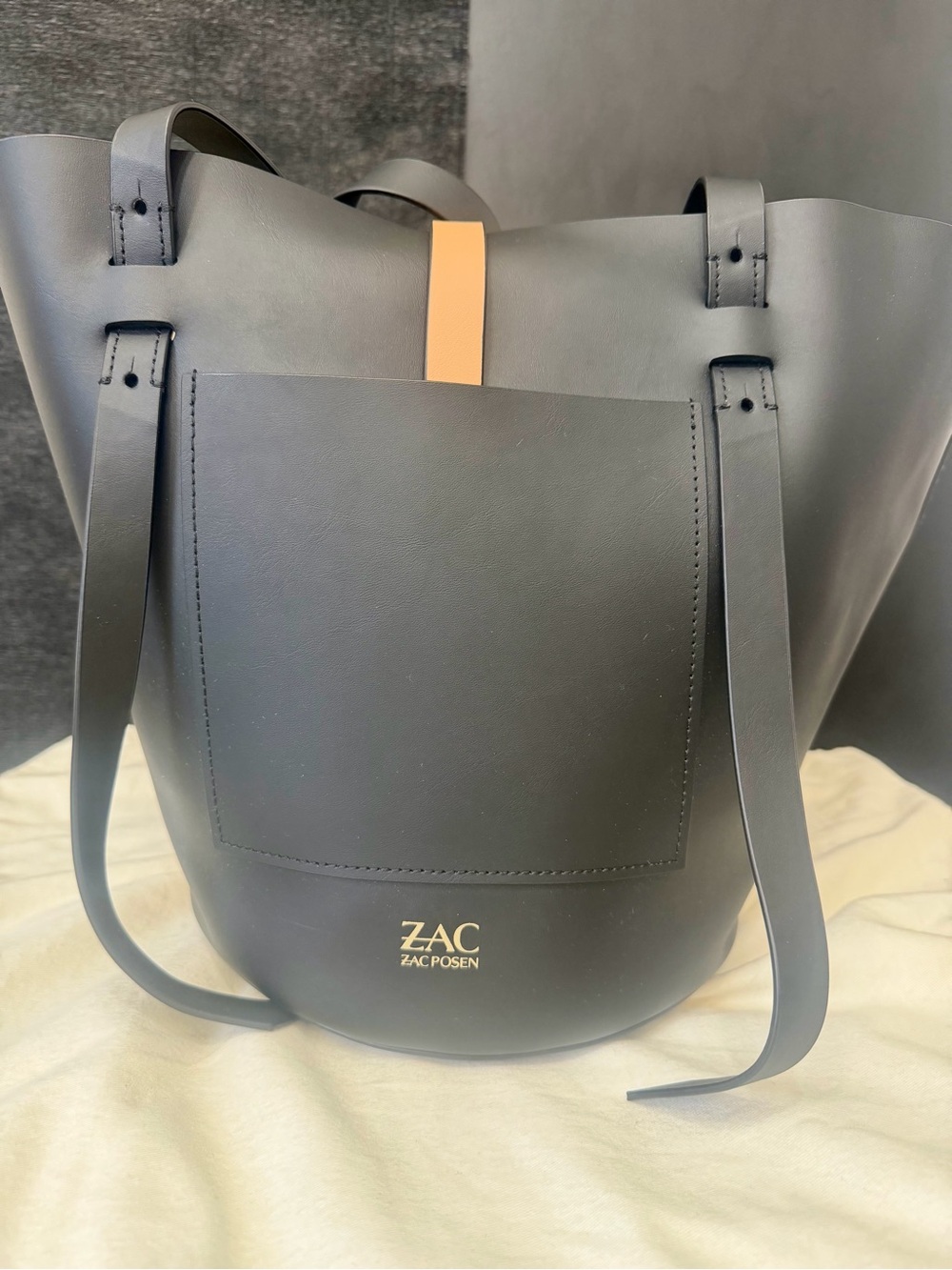 ZAC Zac Posen Beige Leather Bucket Tote with Black and Tan Strap